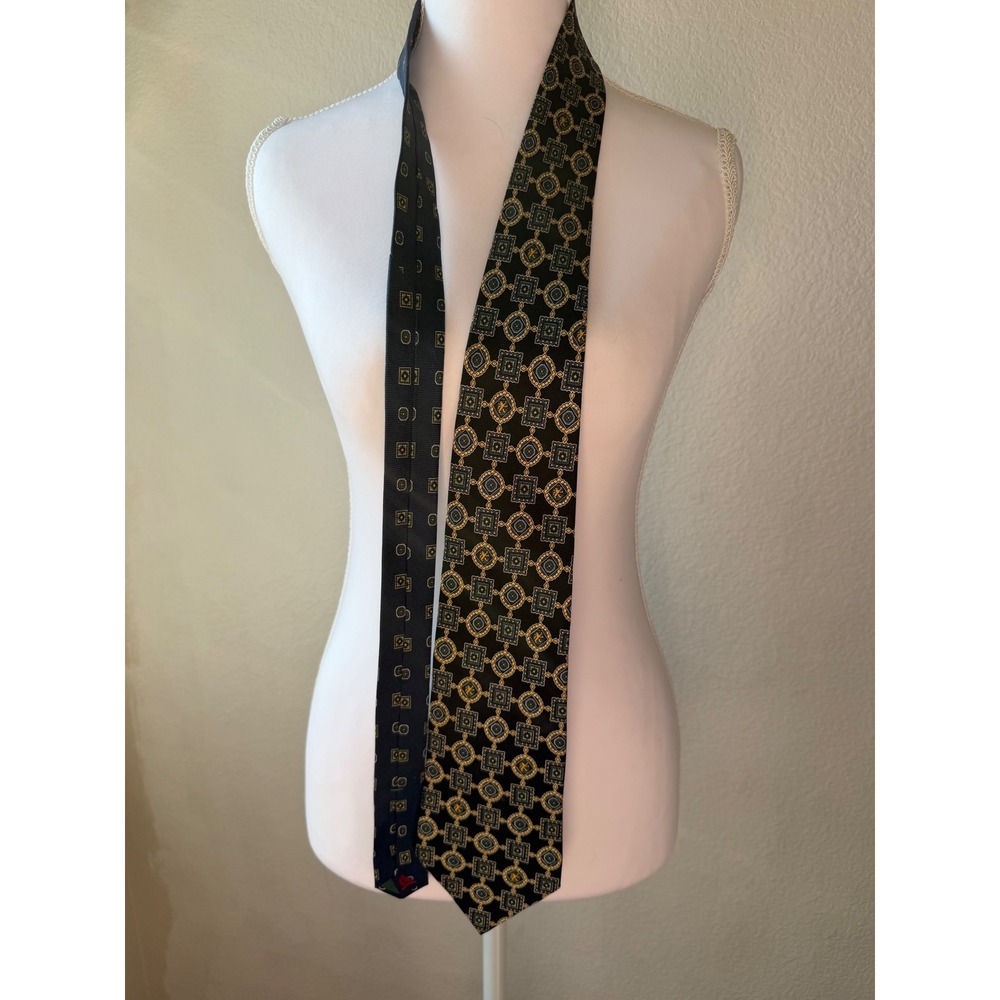 Tommy Hilfiger Mens Silk Tie Navy Blue Gold Green Geometric Medallion Crest - Picture 2 of 7